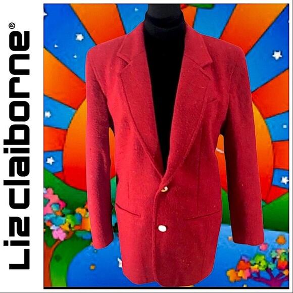 LIZ CLAIBORNE🎄VINTAGE 80s Red Long Blazer multicolor flecks and Shoulder Pads 10 - Picture 13 of 15